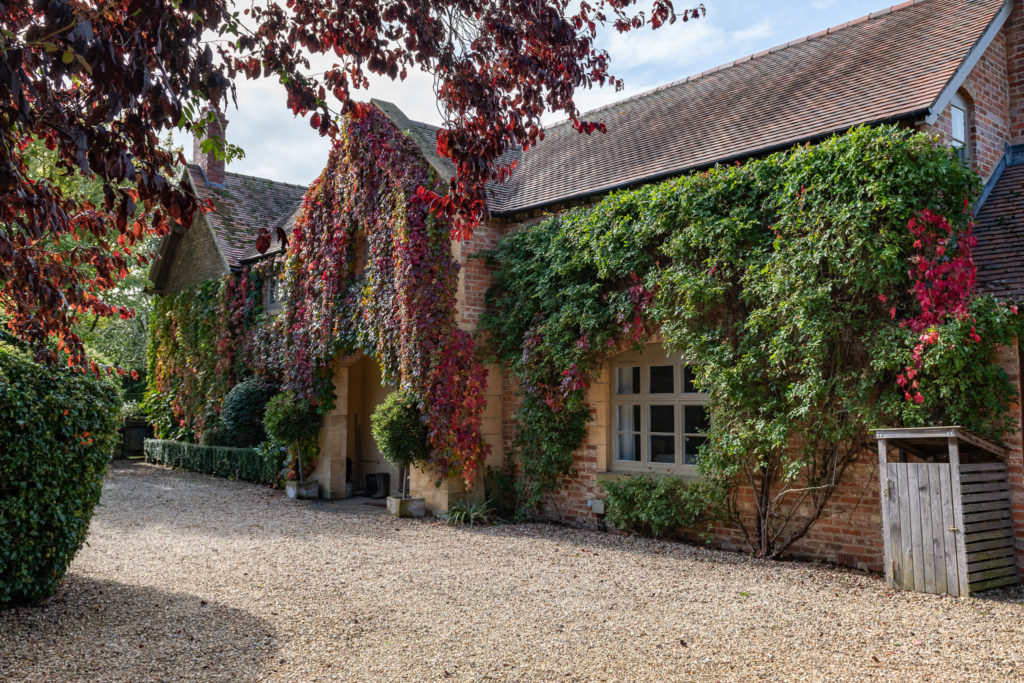 A charming brick cottage, perfect for a luxury travel retreat, is covered with vibrant red and green ivy. Its sloped roof complements a gravel path leading to the entrance, while a wooden structure graces the right and a leafy tree hangs over the serene scene. David Pearson Travel