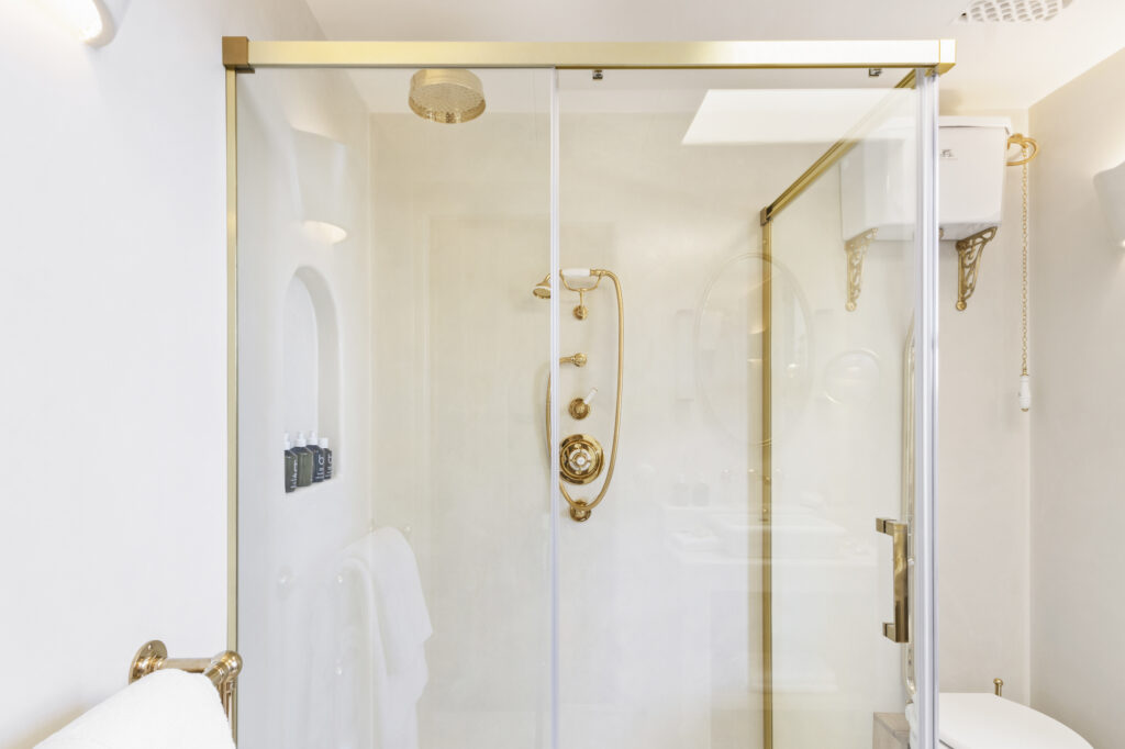 This elegant bathroom exudes the charm of luxury travel, with a glass-enclosed shower boasting gold fixtures and a rain-style showerhead. Light-colored walls enhance the ambiance, while small shelves are neatly stocked with toiletries. A towel is partially visible on the left side. David Pearson Travel