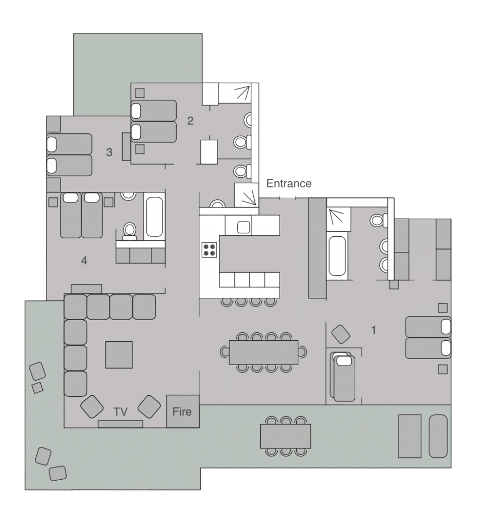 This luxury travel-inspired floor plan showcases a central living area with a TV and fireplace, alongside a gourmet kitchen and dining table. Four elegantly labeled rooms each boast plush beds and en-suite bathrooms. The top center entrance leads to inviting outdoor seating on two sides. David Pearson Travel