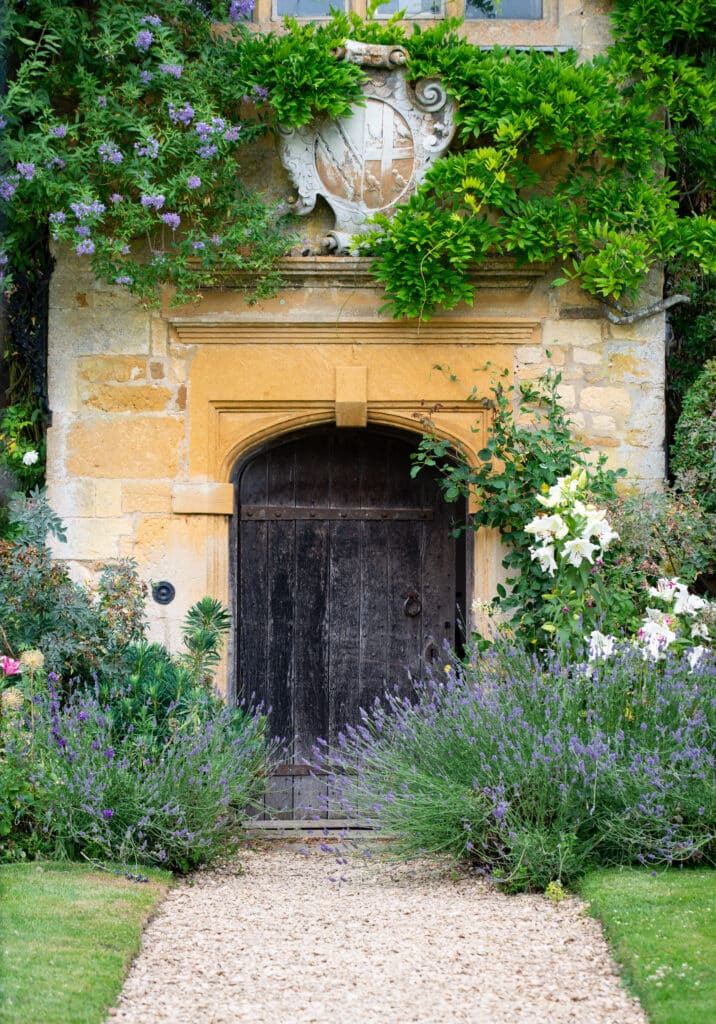 A rustic wooden door set in an old stone wall is framed by vibrant green ivy and purple flowers. A gravel path leads to this inviting entrance, surrounded by lush greenery and lavender, creating a picturesque gateway that evokes the charm of luxury travel destinations. David Pearson Travel