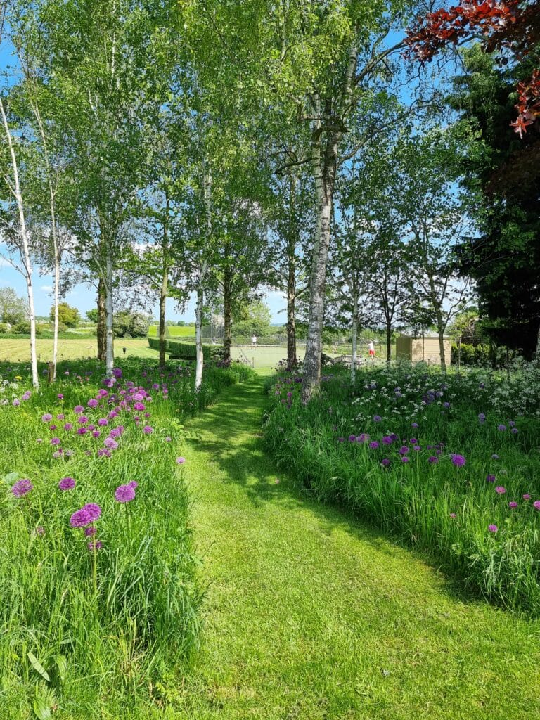 A lush, green garden path lined with purple and white flowers winds through tall trees under a clear blue sky—a scene straight from a luxury travel brochure. Sunlight filters through the leaves, casting dappled shadows on the ground. David Pearson Travel