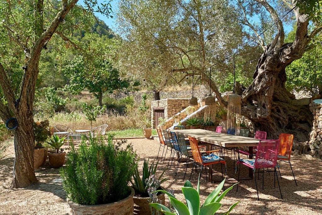 The outdoor dining area, perfect for luxury travel enthusiasts, lies under large trees with a long table and colorful chairs on gravel. Surrounding plants and potted greenery enhance the natural, rustic setting, while stone walls and lush foliage create a serene, inviting atmosphere. David Pearson Travel