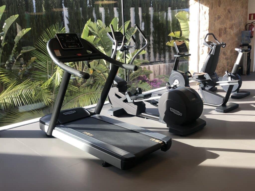 A sunlit gym perfect for luxury travel enthusiasts features a treadmill, elliptical machine, and stationary bike near large windows overlooking lush greenery. The equipment is neatly arranged on a sleek gray floor, offering both functionality and an elevated fitness experience. David Pearson Travel