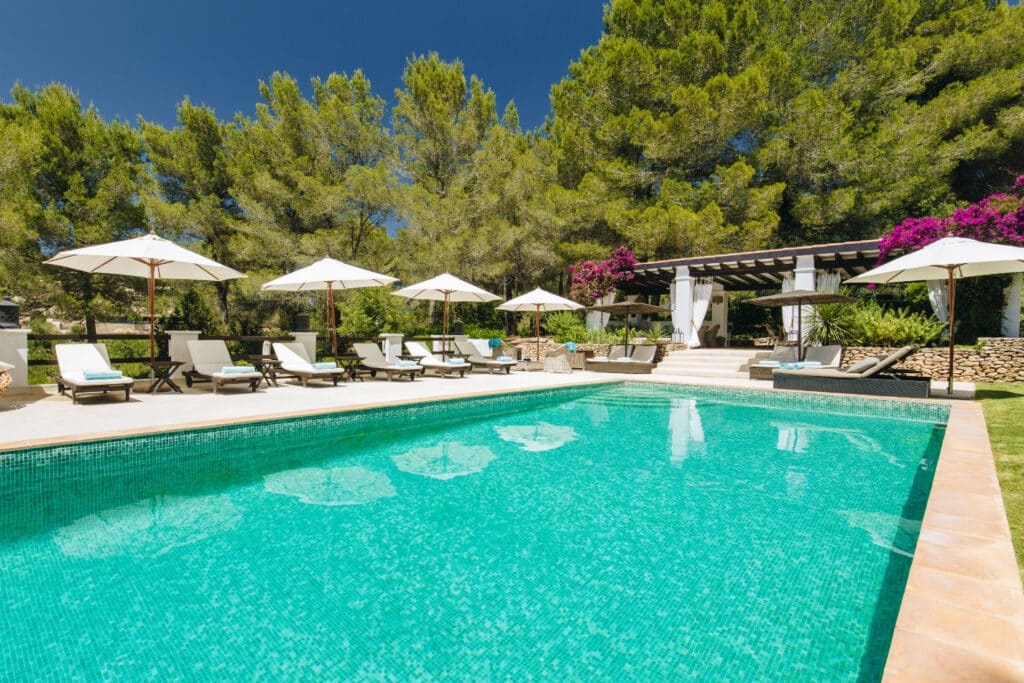 A serene outdoor pool setting with turquoise water, surrounded by white lounge chairs and umbrellas on a sunny day. Lush green trees and vibrant purple flowers provide a natural backdrop. Steps lead to a shaded patio area in the background, epitomizing the essence of luxury travel. David Pearson Travel