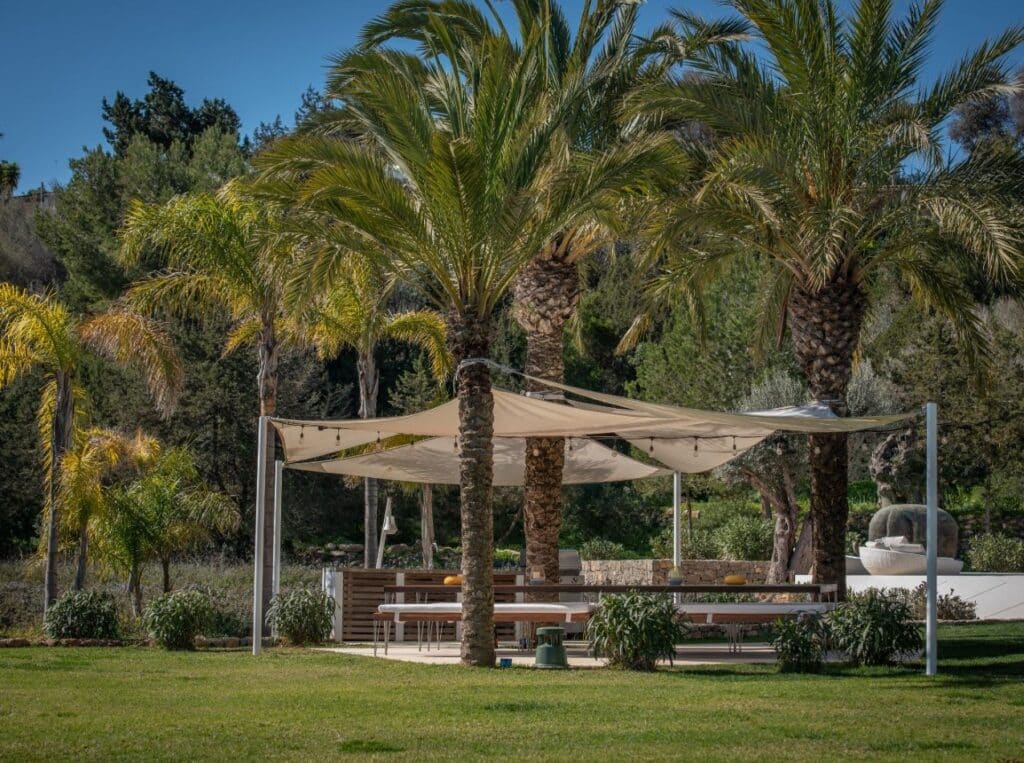 A serene outdoor seating area with a white canopy, surrounded by tall palm trees, offers the essence of luxury travel. The lush setting is green and inviting, with forested hills under a clear blue sky serving as a stunning backdrop. David Pearson Travel