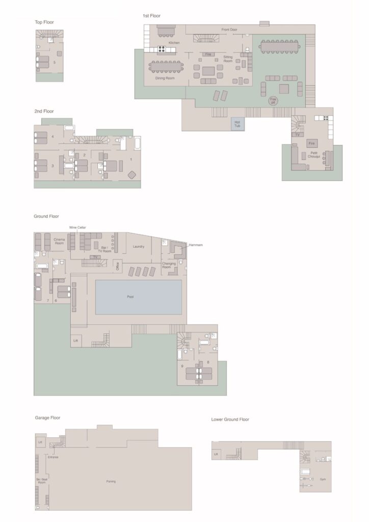 A multi-level floor plan of Chalet Chouqui featuring various rooms, a large central pool, garage, dining and living areas, bedrooms, outdoor spaces, terraces, and staircases connecting each floor. David Pearson Travel