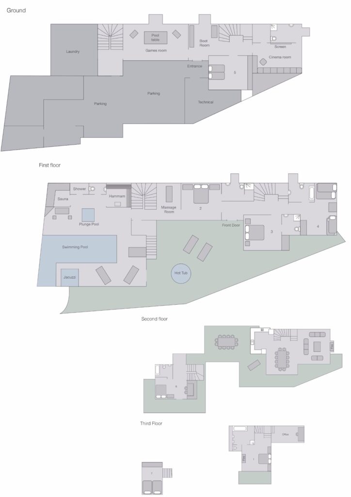 A floor plan of Chalet Nyumba, a multi-level house featuring rooms like laundry, parking, pool, sauna, gym, cinema, bedrooms, kitchen, dining room, living areas, terrace, jacuzzi, and swimming pool across four floors. David Pearson Travel
