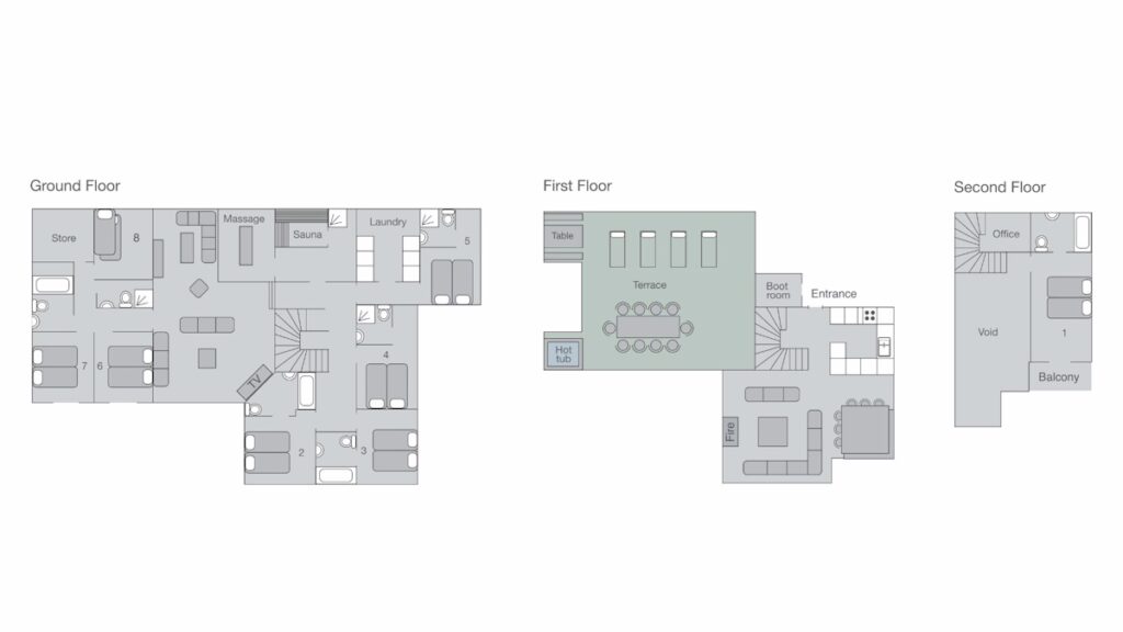 A three-story Chalet Pierre Avoi floor plan showing labeled rooms: ground floor with bedrooms, sauna, massage, laundry; first floor with terrace, hot tub, boot room; second floor with office, balcony, and void. Stairs connect each level. David Pearson Travel