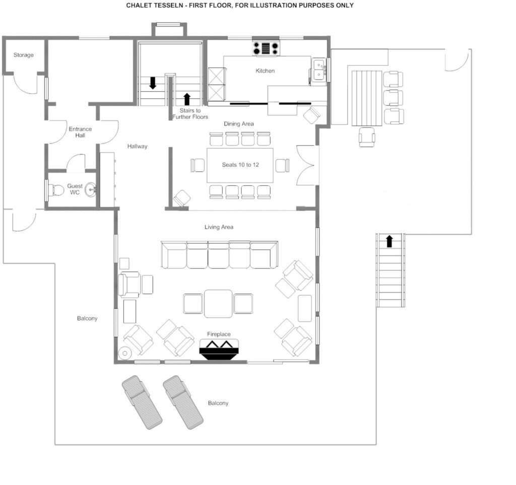 Black and white floor plan of Chalet Tesseln’s first floor featuring a living area with seating, fireplace, kitchen, dining area, balconies, storage, guest WC, entrance hall, and stairs to upper floors. David Pearson Travel