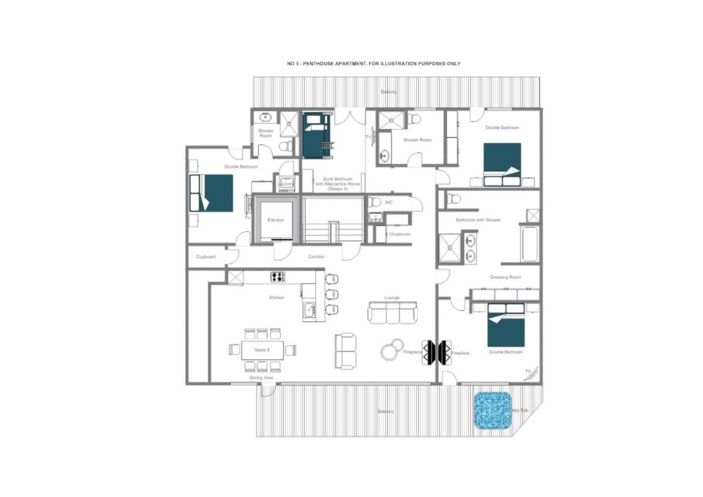 No.5 Penthouse floor plan features three double bedrooms, three bathrooms, kitchen, dining area, lounge, dressing rooms, and multiple balconies—including an outdoor jacuzzi in the bottom right corner. David Pearson Travel