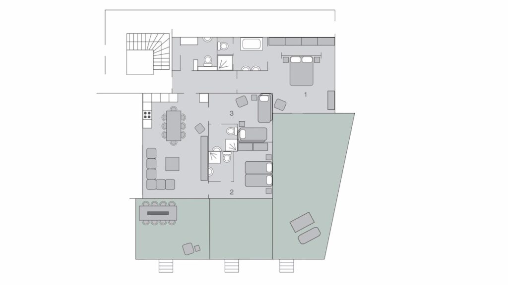 A floor plan showing a kitchen, dining area, living room, bathroom, bedroom, and outdoor patio areas with furniture. Rooms are labeled with numbers and contain chairs, tables, and beds. David Pearson Travel
