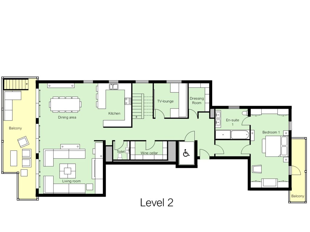 Floor plan of a house’s second level showing a living room, dining area, kitchen, TV lounge, wine cellar, dressing room, en-suite bathroom, bedroom, two balconies, and a wheelchair-accessible restroom. David Pearson Travel