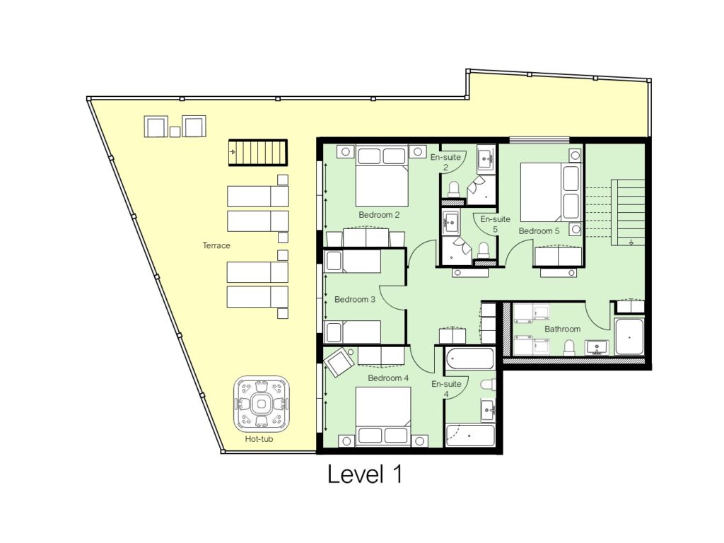 Floor plan of Level 1 showing five bedrooms (three with en-suites), a separate bathroom, terrace with seating, and a hot tub in the bottom left corner. Stairs are on the right and at the terrace’s edge. David Pearson Travel