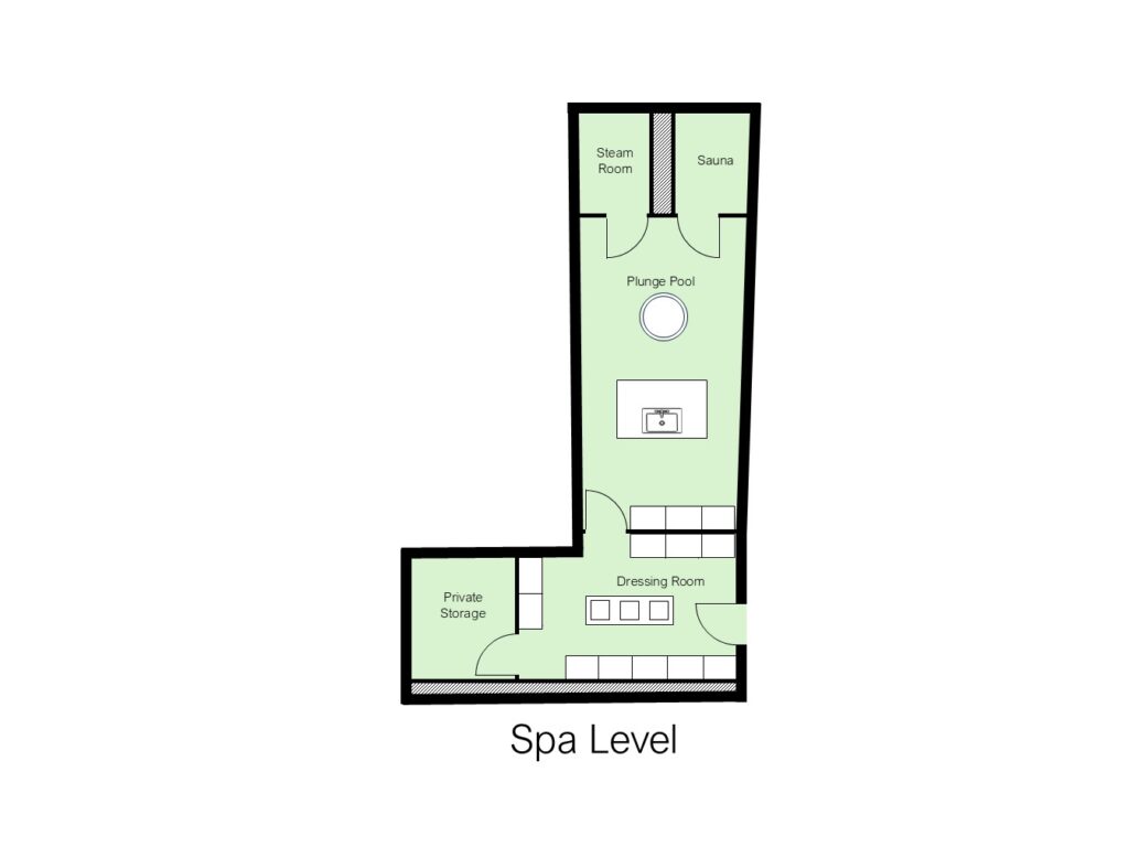 Floor plan labeled Spa Level showing a plunge pool, steam room, sauna, dressing room, private storage, and other facilities arranged in an L-shaped layout. David Pearson Travel