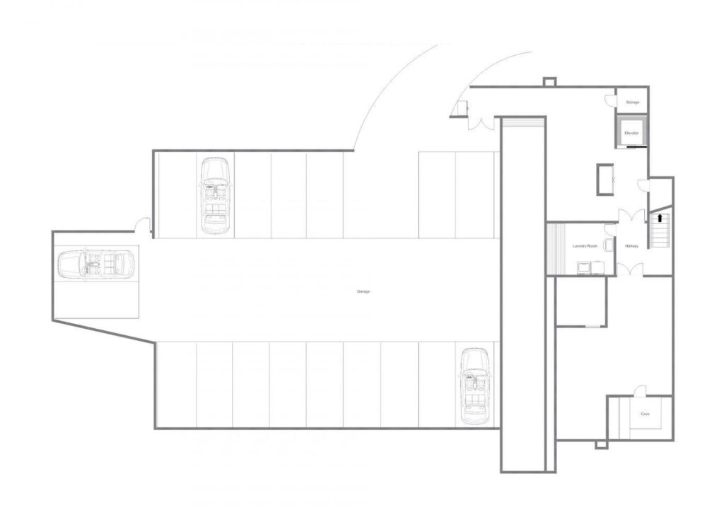 Black and white floor plan showing a large garage with parking spaces for multiple cars, adjacent rooms labeled as storage, gym, laundry/mechanical, bathroom, elevator, and a cellar. David Pearson Travel
