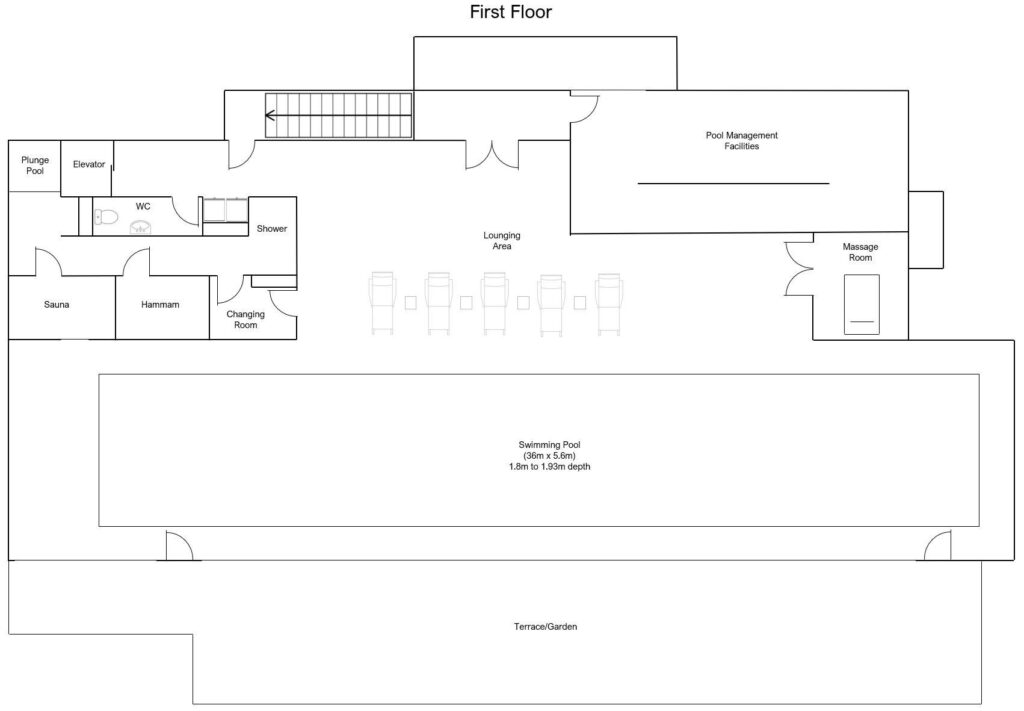 Floor plan of a first floor featuring a lounging area, pool management facilities, massage room, sauna, hamman, changing room, WC, shower, plunge pool, a large swimming pool, and an outdoor terrace/garden. David Pearson Travel