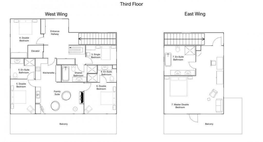 A floor plan of the third floor shows a West Wing with five bedrooms, four bathrooms, a kitchenette, family suite, and balcony, and an East Wing with two bedrooms, two bathrooms, living space, and balcony. David Pearson Travel