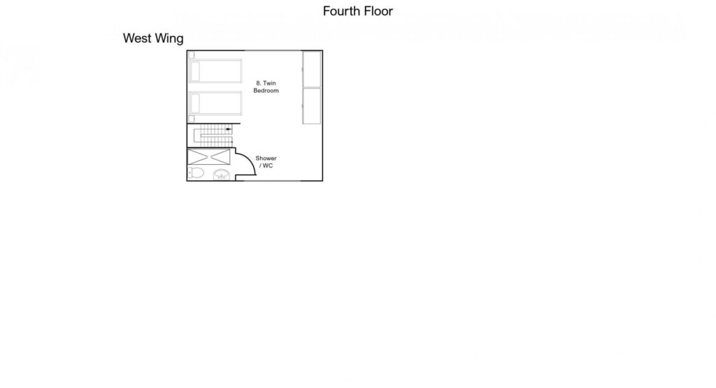 Black and white floor plan labeled Fourth Floor West Wing, showing a twin bedroom, a stairway, and a shower/WC area. The room and fixtures are outlined with minimal detail. David Pearson Travel