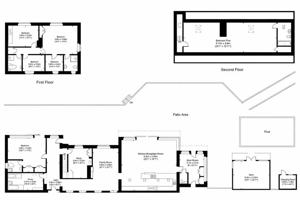 Black and white floor plan showing a two-story main house with four bedrooms on the first floor, a large bedroom on the second floor, and nearby separate structures for a guest house, gym, pool, and patio area. David Pearson Travel