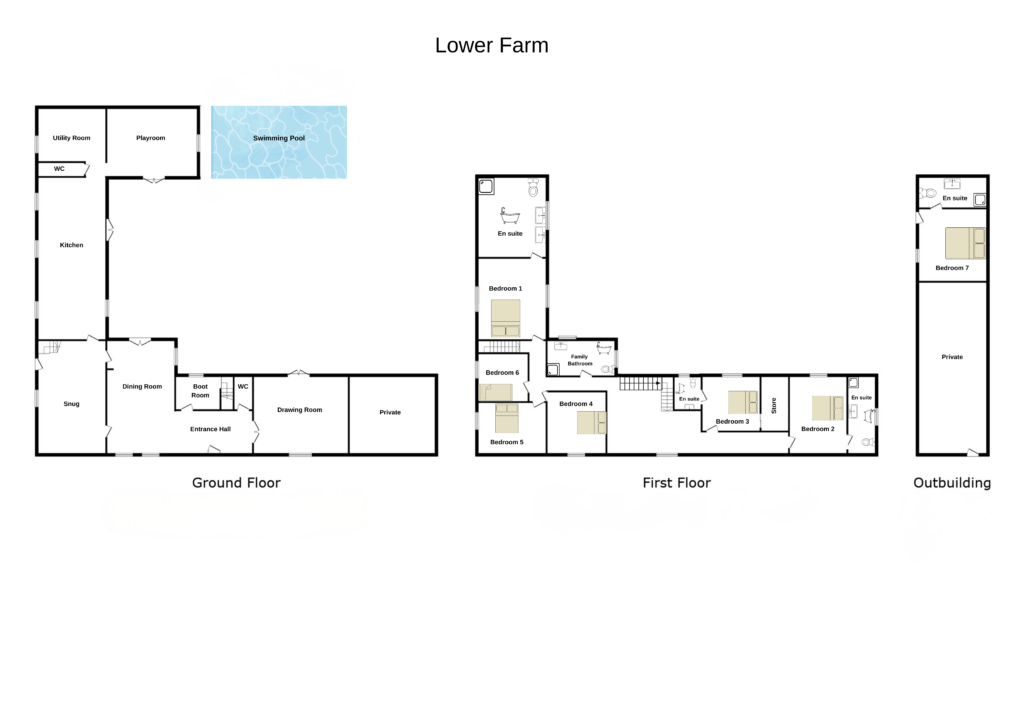 Floor plan for Lower Farm showing a ground floor with multiple rooms including kitchen and pool, a first floor with 5 bedrooms and bathrooms, and an outbuilding with a bedroom, kitchen, and store room. David Pearson Travel