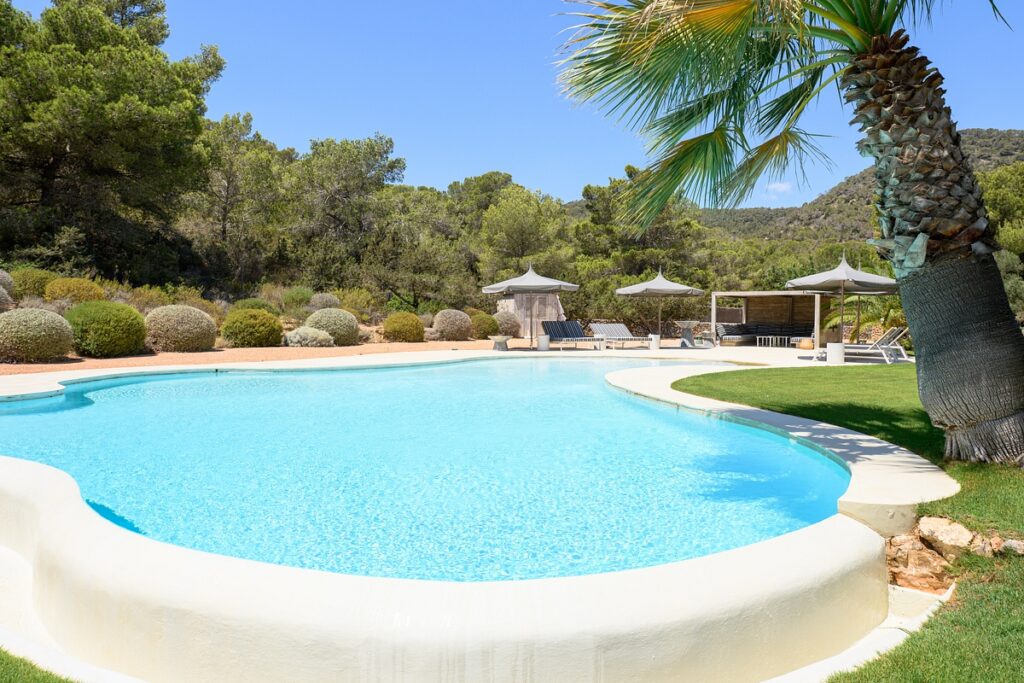 A large, clear swimming pool surrounded by sun loungers, umbrellas, and a curved palm tree, set in a lush garden with green trees and hills in the background under a sunny sky. David Pearson Travel