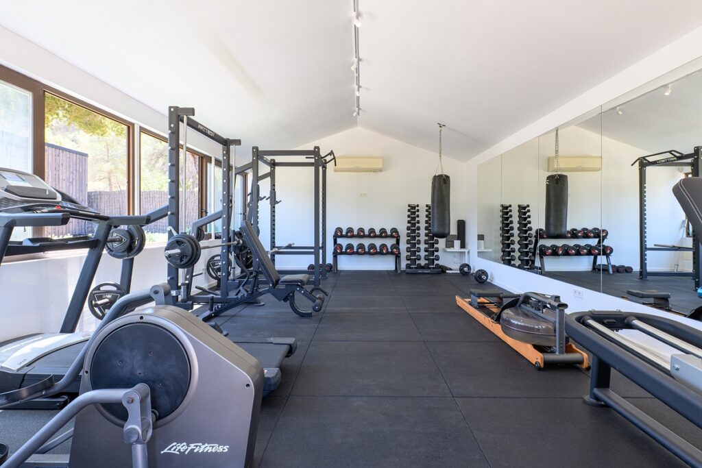 A bright home gym with cardio and weight machines, free weights, a punching bag, and large mirrors. Sunlight streams in through windows on the left, illuminating the spacious, clean workout area. David Pearson Travel
