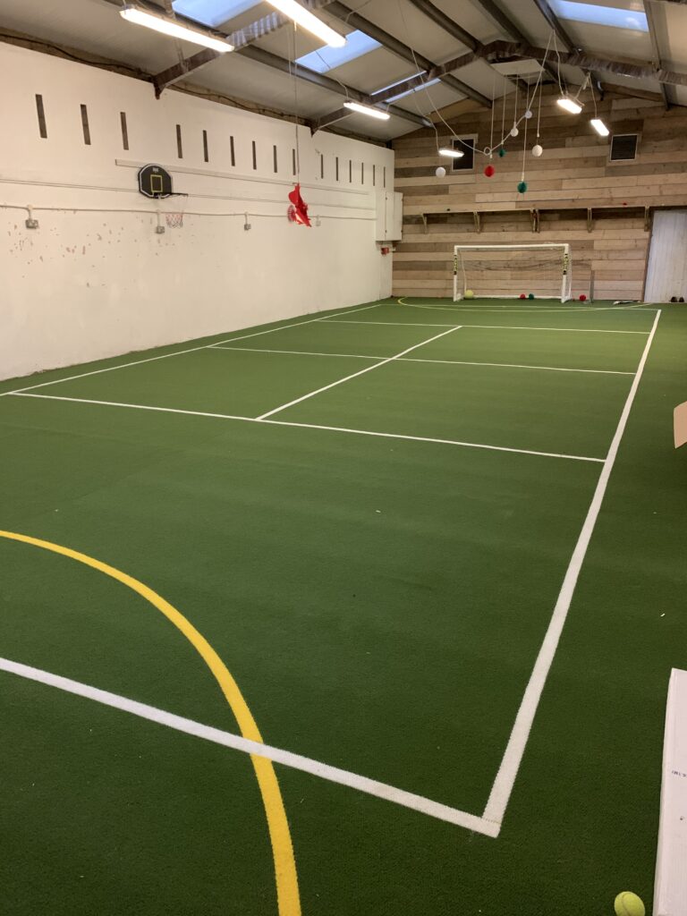 Indoor sports court with artificial green turf, white lines for tennis or badminton, a small football goal at the back, basketball hoop on the left wall, and hanging lights from the ceiling. David Pearson Travel